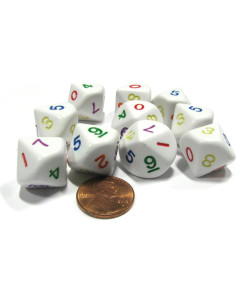 Juego de 10 Dados D10 Opacos Koplow Games - Multicolores 16mm 2