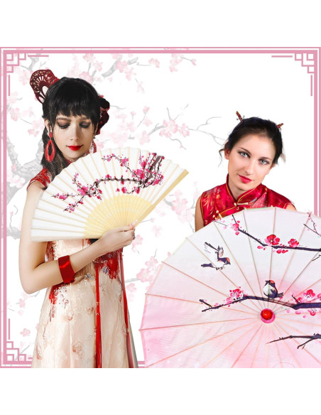 Juego Decorativo de Flor de Cerezo Xuniea - Paraguas 56 cm y Abanico 21 cm