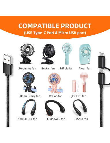Cargador 2 en 1 para Ventiladores Portátiles USB Tipo C y Micro USB