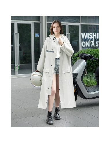 Abrigo de Lluvia Largo RINJOY Impermeable con Capucha Blanco