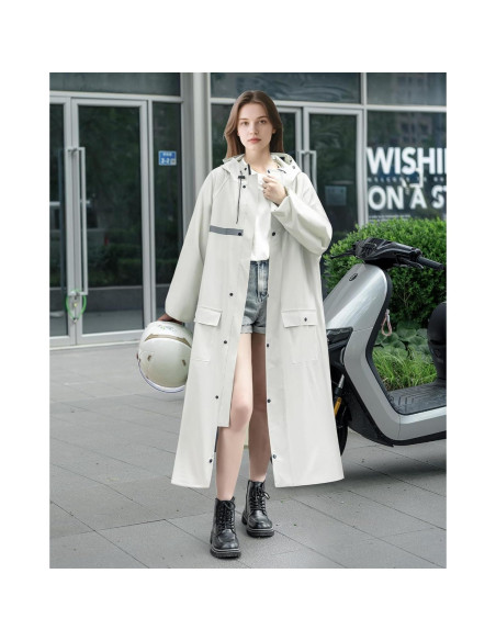Abrigo de Lluvia Largo RINJOY Impermeable con Capucha Blanco