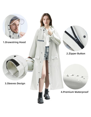 Abrigo de Lluvia Largo RINJOY Impermeable con Capucha Blanco