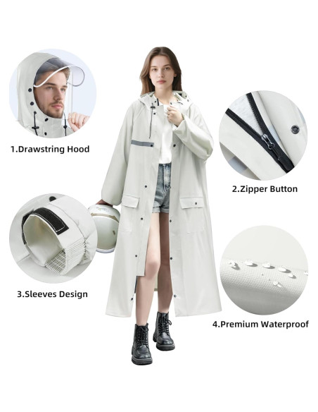 Abrigo de Lluvia Largo RINJOY Impermeable con Capucha Blanco
