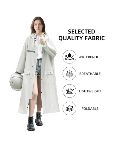 Abrigo de Lluvia Largo RINJOY Impermeable con Capucha Blanco