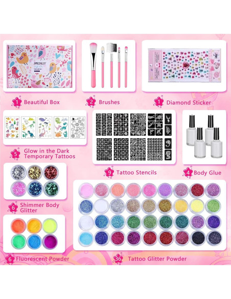 Kit de Tatuajes Temporales de Brillo Pakfung - 48 Colores y 209 Plantillas