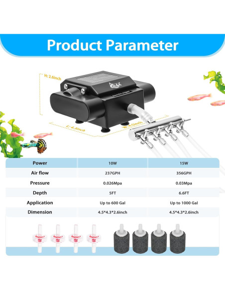 Bomba de Aire AQQA 15W para Acuario 135L/h 4 Salidas Ajustable