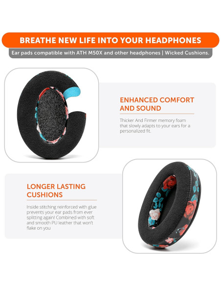 Almohadillas de Reemplazo WC para Auriculares ATH M50X - Floral Negro