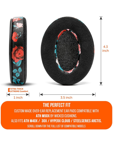 Almohadillas de Reemplazo WC para Auriculares ATH M50X - Floral Negro