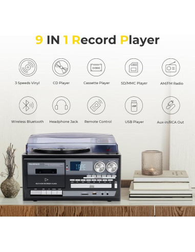 Reproductor de Vinilo 9-en-1 PAREIKO T408 con Bluetooth y Control Remoto