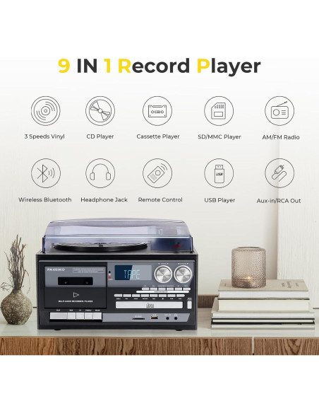 Reproductor de Vinilo 9-en-1 PAREIKO T408 con Bluetooth y Control Remoto