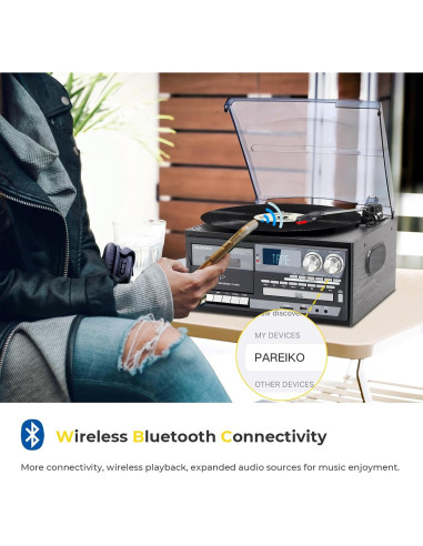 Reproductor de Vinilo 9-en-1 PAREIKO T408 con Bluetooth y Control Remoto