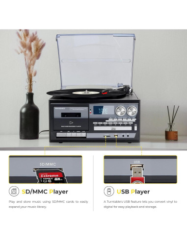 Reproductor de Vinilo 9-en-1 PAREIKO T408 con Bluetooth y Control Remoto