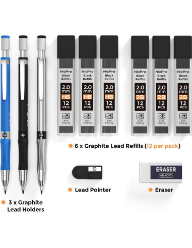 Conjunto de Lápices Mecánicos Nicpro 11 Piezas 2mm con Repuestos