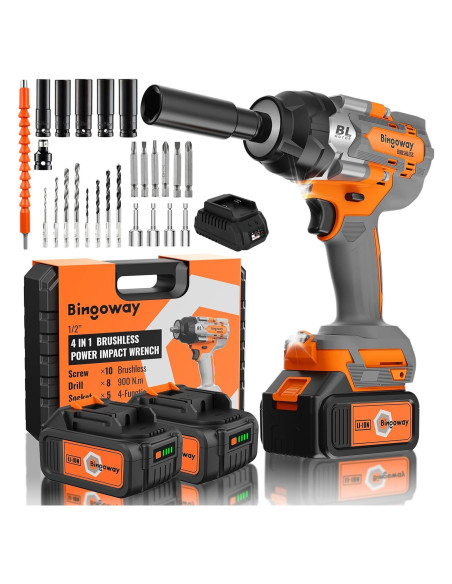 Llave de impacto inalámbrica Bingoway 900N.m 21V 4-en-1 con 2 baterías