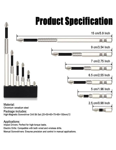 Juego de Puntas Magnéticas de Acero Vanadio 12 Piezas 25-150mm