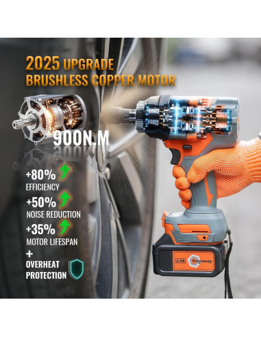 Llave de impacto inalámbrica Bingoway 900N.m 21V 4-en-1 con 2 baterías