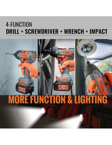 Llave de impacto inalámbrica Bingoway 900N.m 21V 4-en-1 con 2 baterías