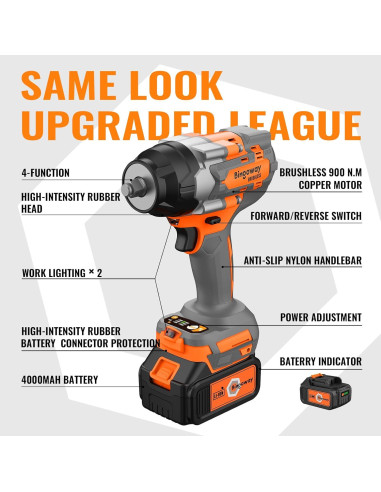 Llave de impacto inalámbrica Bingoway 900N.m 21V 4-en-1 con 2 baterías