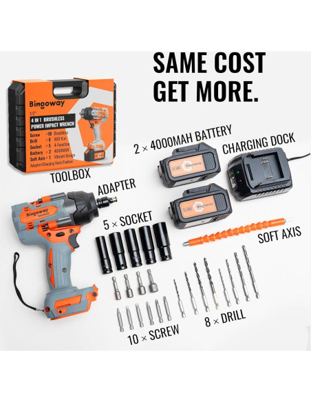 Llave de impacto inalámbrica Bingoway 900N.m 21V 4-en-1 con 2 baterías