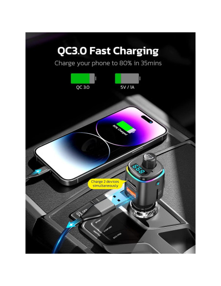 Transmisor FM Bluetooth Nulaxy NX09, Cargador QC3.0, 54W