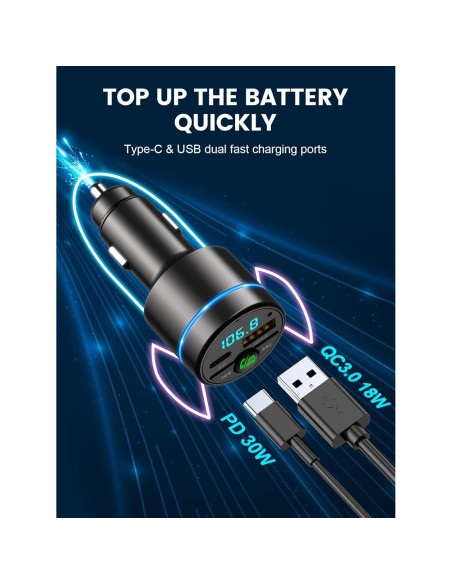 Transmisor FM Bluetooth 5.3 RIWUSI con Cargador Rápido 30W