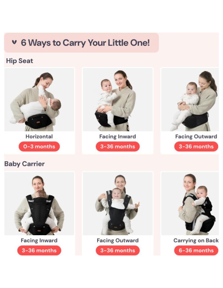 Portabebés BabbleRoo Grow Carrier 6 en 1 Negro 3-23 kg