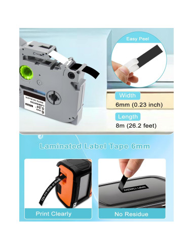 Cinta de Etiqueta Laminada RAEMALL TZe-315 6mm Negro sobre Blanco