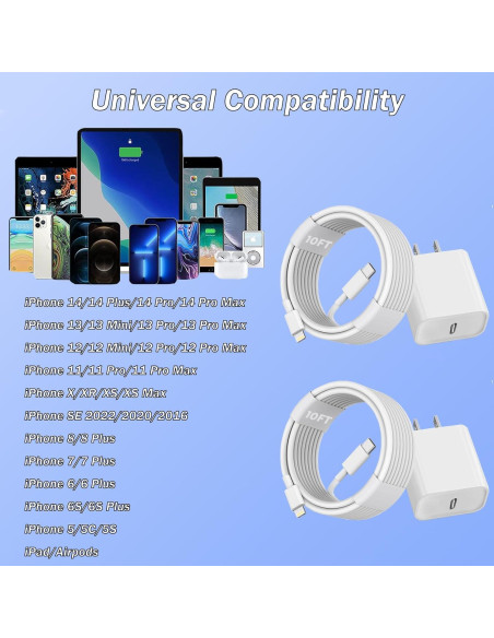 Cargador Rápido USB C para iPhone 2 Pack 10FT MFi