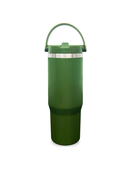 Taza aislada de 30 oz FunTrans con popote y tapa - Verde Ejercito