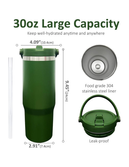 Taza aislada de 30 oz FunTrans con popote y tapa - Verde Ejercito