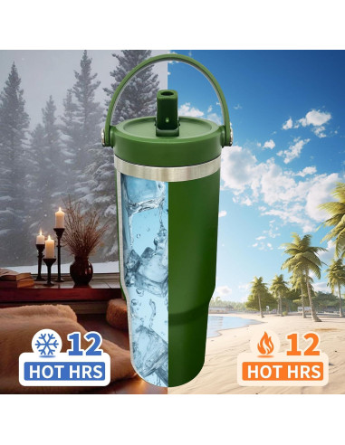 Taza aislada de 30 oz FunTrans con popote y tapa - Verde Ejercito