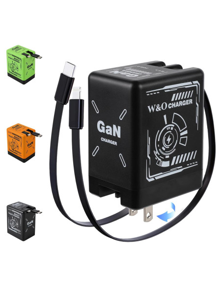Cargador Rápido 2 en 1 W&O con Cables Retráctiles Negro