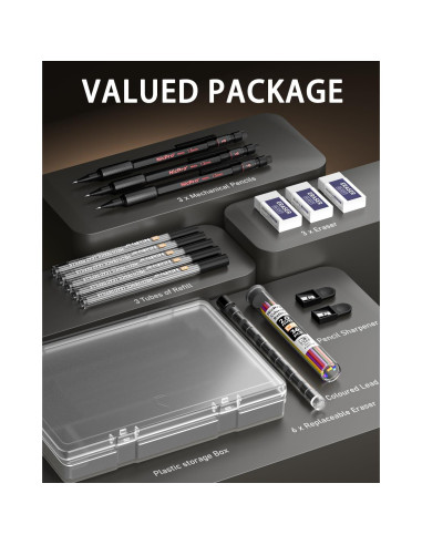 Conjunto de 3 Lápices Mecánicos Nicpro 2mm con Estuche y Minas