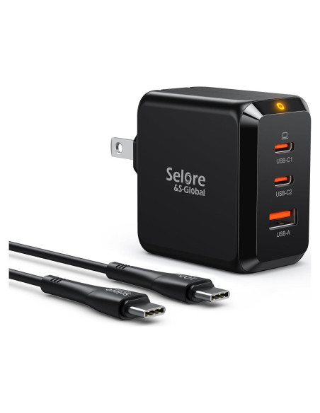 Cargador USB-C Rápido SELORE 67W Plegable 3 Puertos Negro