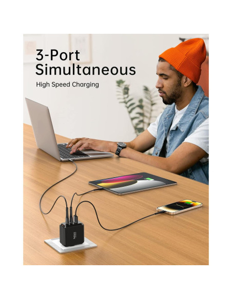 Cargador USB-C Rápido SELORE 67W Plegable 3 Puertos Negro