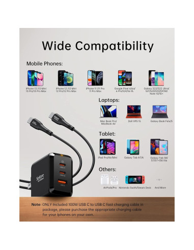 Cargador USB-C Rápido SELORE 67W Plegable 3 Puertos Negro