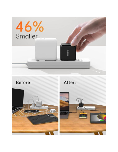 Cargador USB-C Rápido SELORE 67W Plegable 3 Puertos Negro