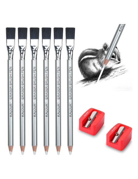 Lápices Borradores KALOUR - 6 Piezas con Brocha y Sacapuntas