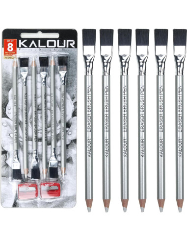 Lápices Borradores KALOUR - 6 Piezas con Brocha y Sacapuntas
