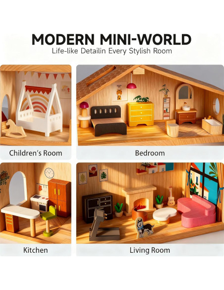 Casa de Muñecas de Madera ZippyZebra 6 Habitaciones 53 Piezas