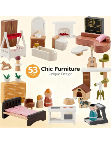 Casa de Muñecas de Madera ZippyZebra 6 Habitaciones 53 Piezas