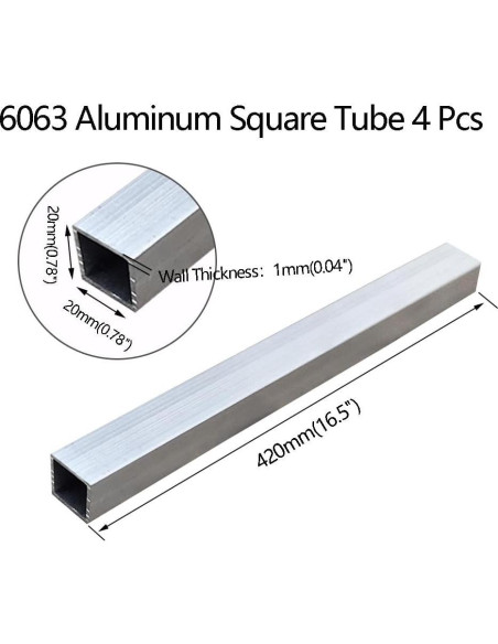 Tubo cuadrado de aluminio 6063 20x20mm 420mm 4 piezas