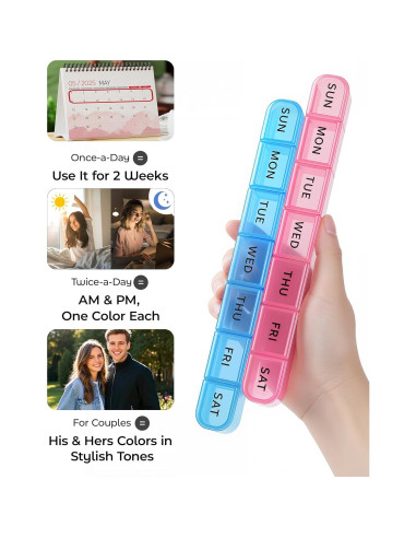Organizador Semanal de Pastillas Daviky 2 Pack AM PM - Azul y Rosa