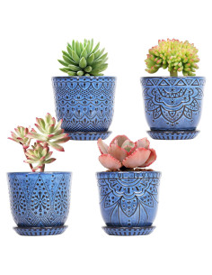 Macetas Suculentas Gepege - Juego de 4 Cerámicas 10 cm Azul