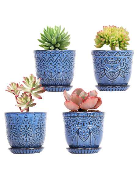 Macetas Suculentas Gepege - Juego de 4 Cerámicas 10 cm Azul