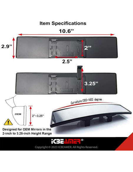 Espejo Retrovisor Convexo ICBEAMER 26.9x7.4 cm Antirreflejo