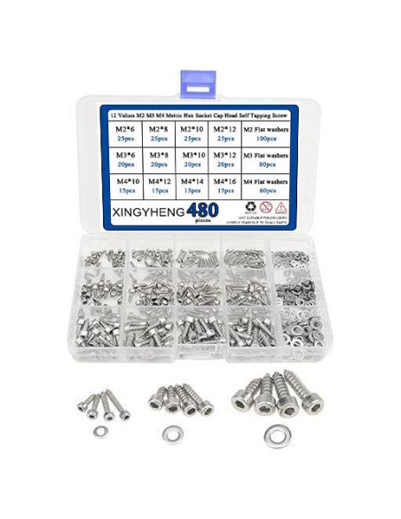 Kit de Tornillos M2 M3 M4 Hexagonales con Arandelas - 480 Pcs