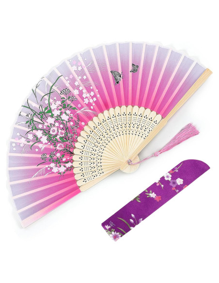 Abanico Plegable Floral de Bambú y Poliéster 37 cm - Skrfren