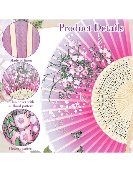 Abanico Plegable Floral de Bambú y Poliéster 37 cm - Skrfren