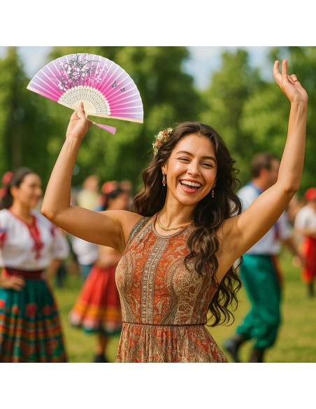 Abanico Plegable Floral de Bambú y Poliéster 37 cm - Skrfren